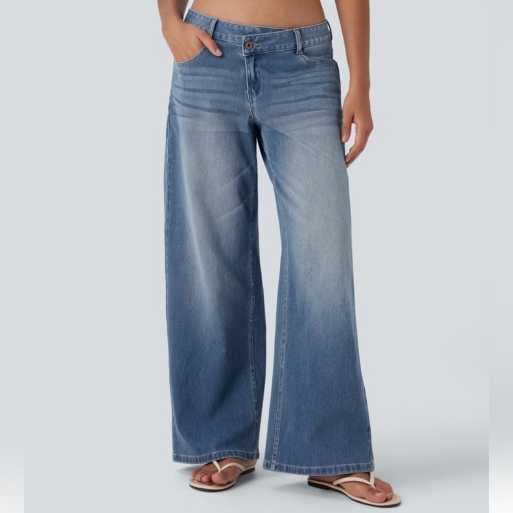 HALARA Flex Asymmetric Low Rise Wide Leg Jeans SIZE L Regular